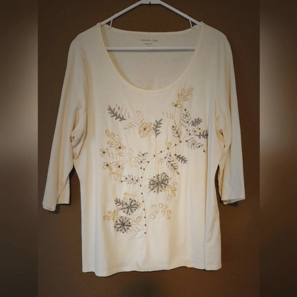 Coldwater Creek Tops - Coldwater Creek Women's Embroidery Tan & Cream Pullover Shirt Sz 1X